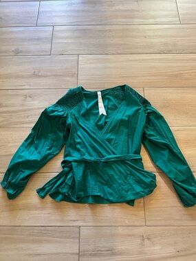 Green Wrap poplin cotton Blouse with Smocked Shoulders
